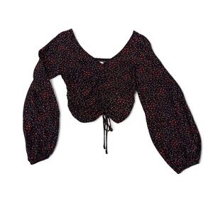 H&M Black Floral Blouse with Red Accents